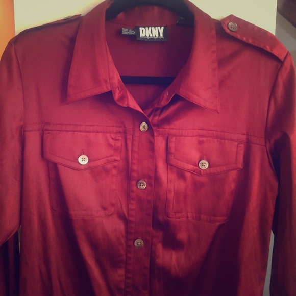 VINTAGE DKNY Silk ‘90s Bodysuit LS Red Button Down - Picture 2 of 7